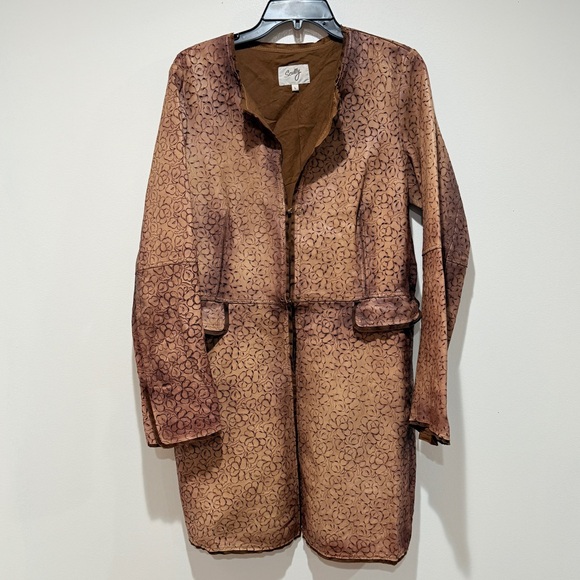 Scully Ladies Laser Cut Leather Coat Large L Tan Mid Length Fall Boho Luxury - Picture 2 of 11